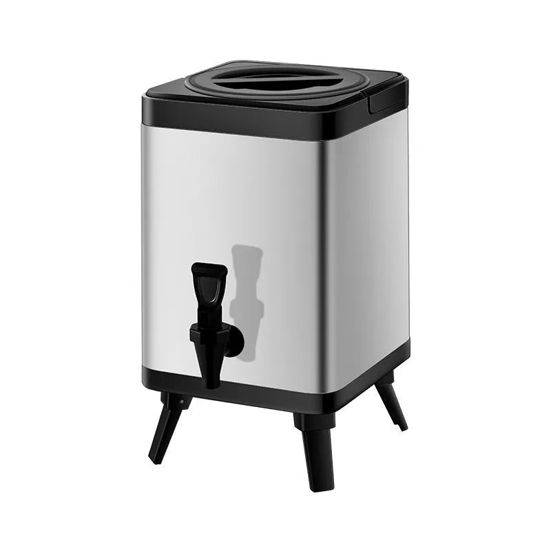 Silver stainless steel milk tea bucket with square lock design showing 8-litre capacity