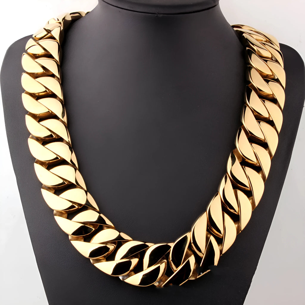 Men's gold titanium steel vacuum plating casting necklace with geometric whip chain design on white background
