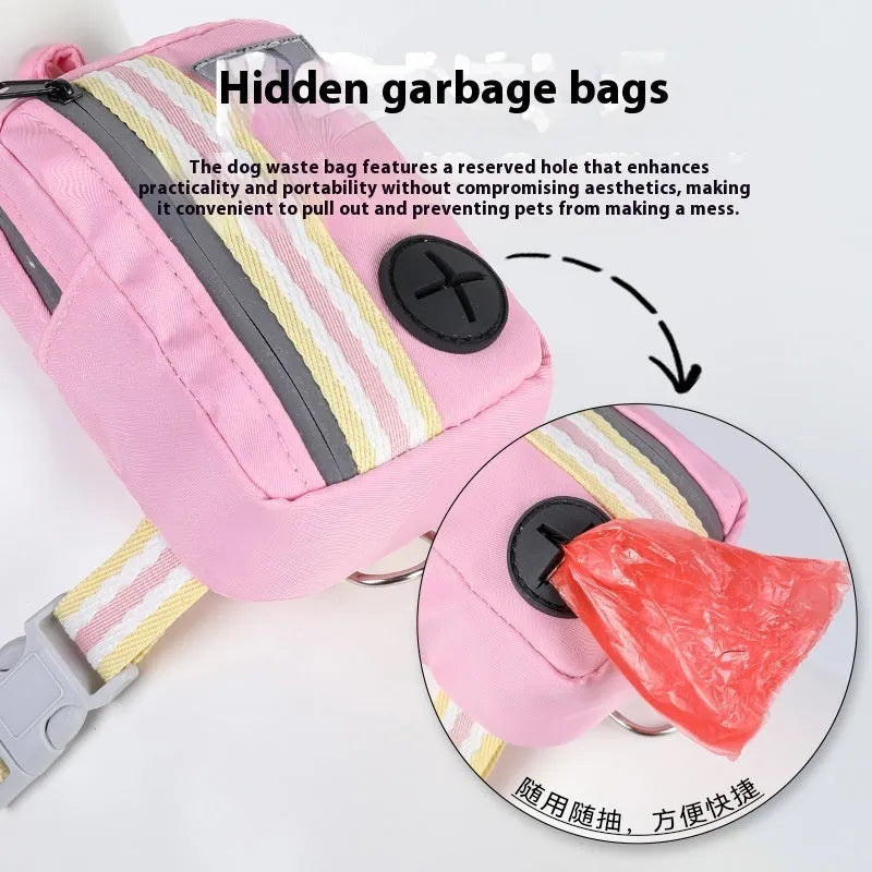 Explosion-proof anti-strangulation pet harness in Oxford cloth with attached holding rope.