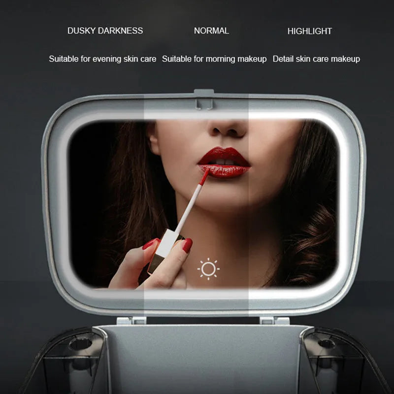 Multifunctional LED makeup box in grey with mirror open showing cosmetics and jewellery storage compartments