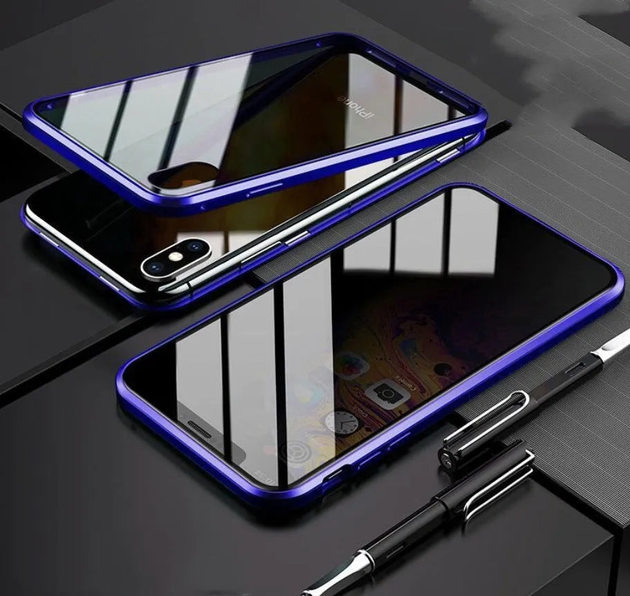 Glass anti-spy clamshell phone case in six colours for various iPhone models.
