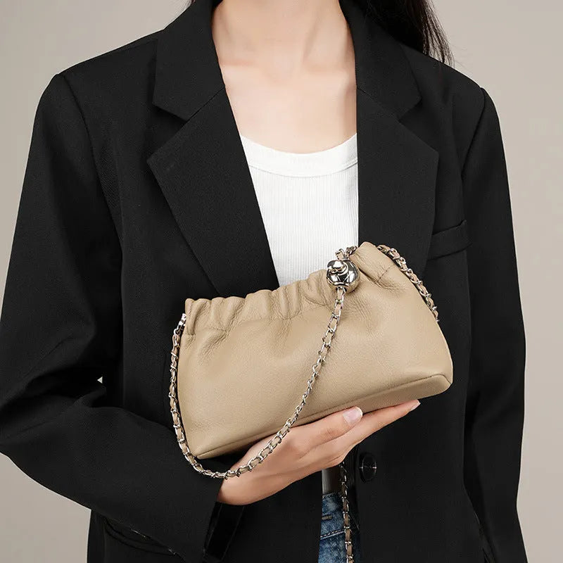 Women's genuine leather chain crossbody bag in soft dumpling shape with phone pocket, beige colour option
