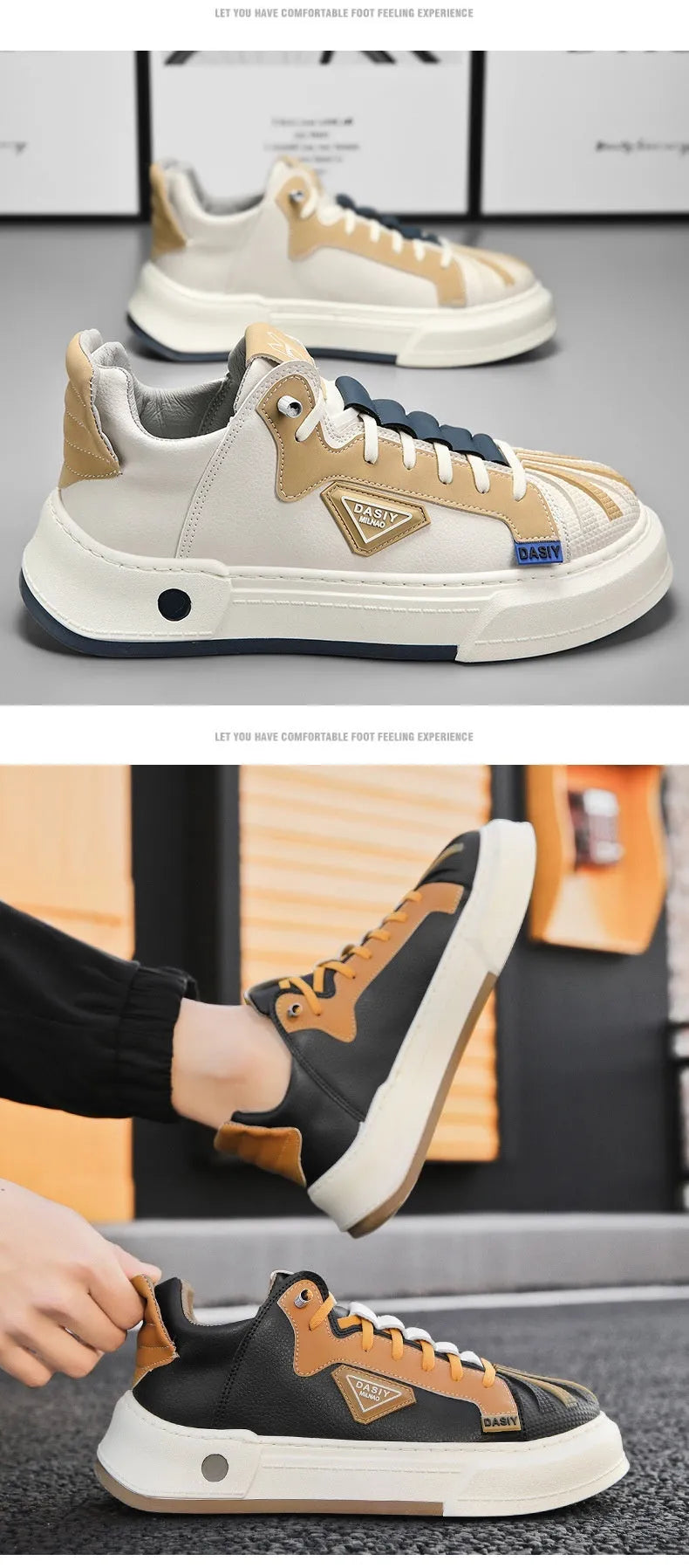 Men's beige casual sneakers with elastic band fastening and leather stitching detail