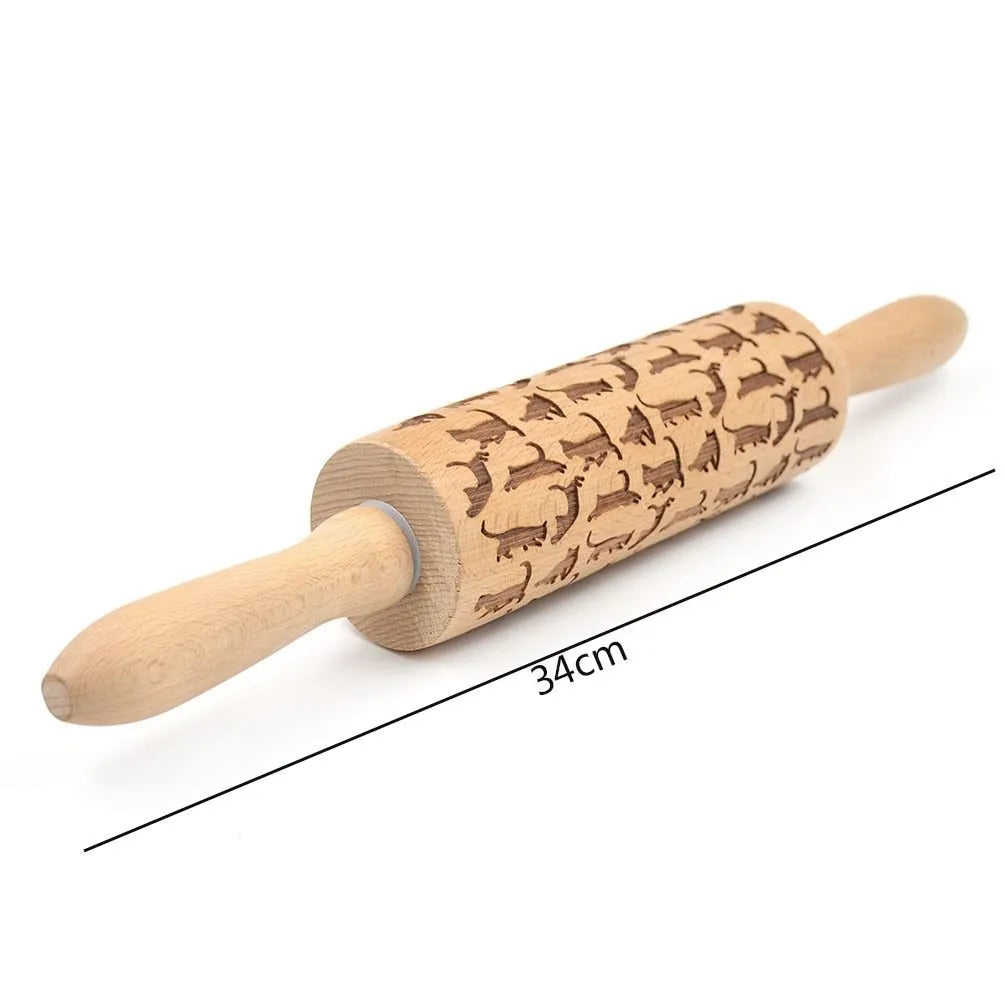 Wooden Christmas embossing rolling pin with snowflake pattern, 45cm length, natural wood finish