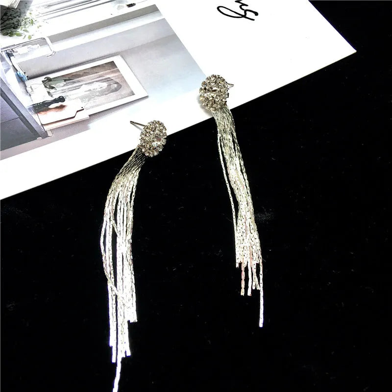Silver crystal tassel drop earrings for women, metal plated Korean style jewellery
