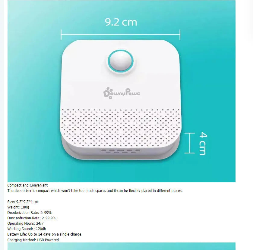 White DownyPaws 4000mAh smart cat litter deodoriser unit, compact cube design measuring 9.2cm.