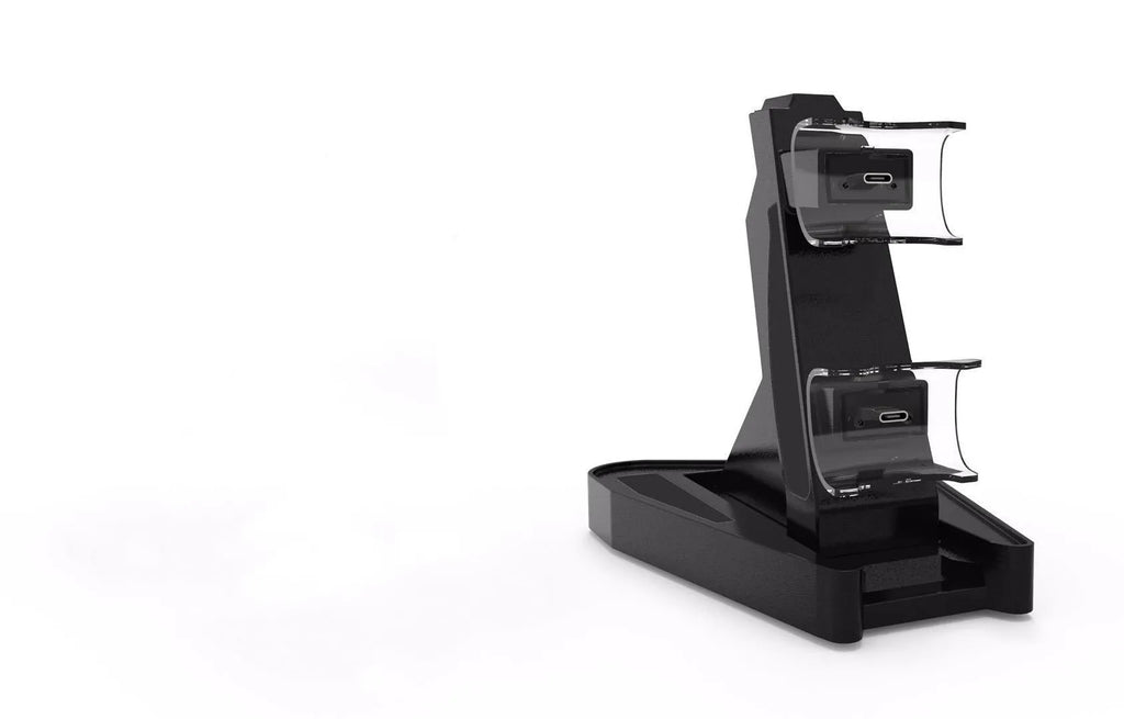 PS5 handle charger with turn light in black ABS plastic, compact size 12.7x17x6.5 cm