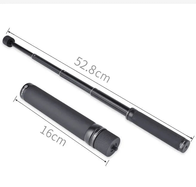Black retractable aluminium selfie stick extended with phone attached and Bluetooth remote