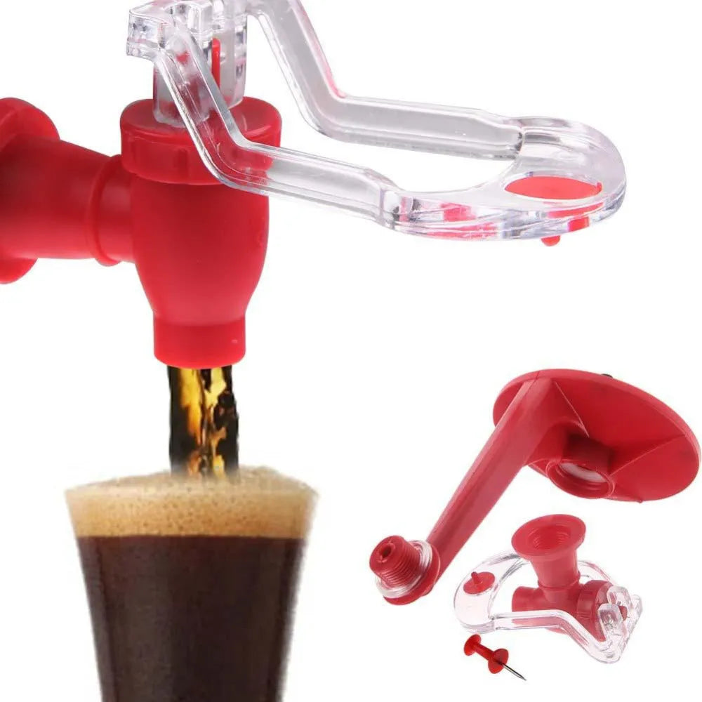 Red plastic Magic Tap soda dispenser mounted on inverted 2-litre bottle