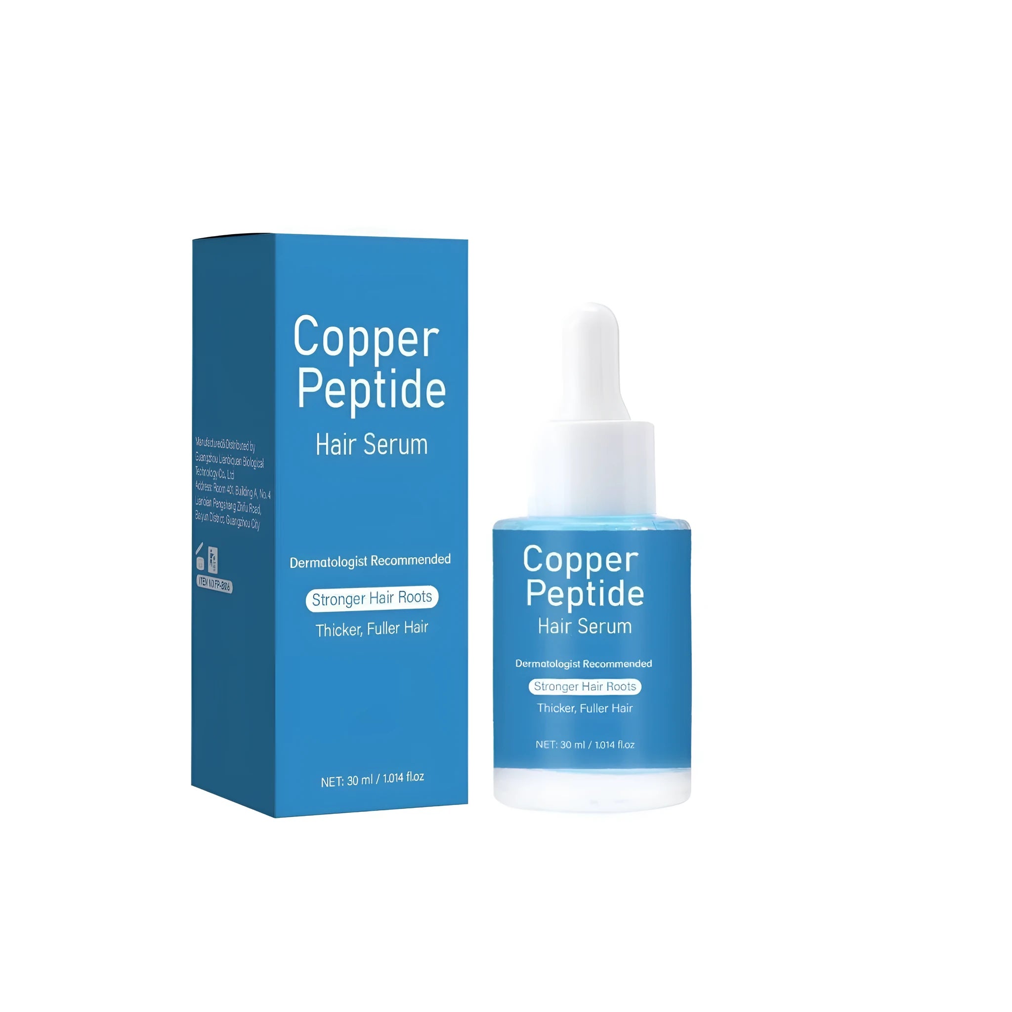 Copper peptide hair oil in 38.5x38.5x95mm amber glass bottle with dropper applicator