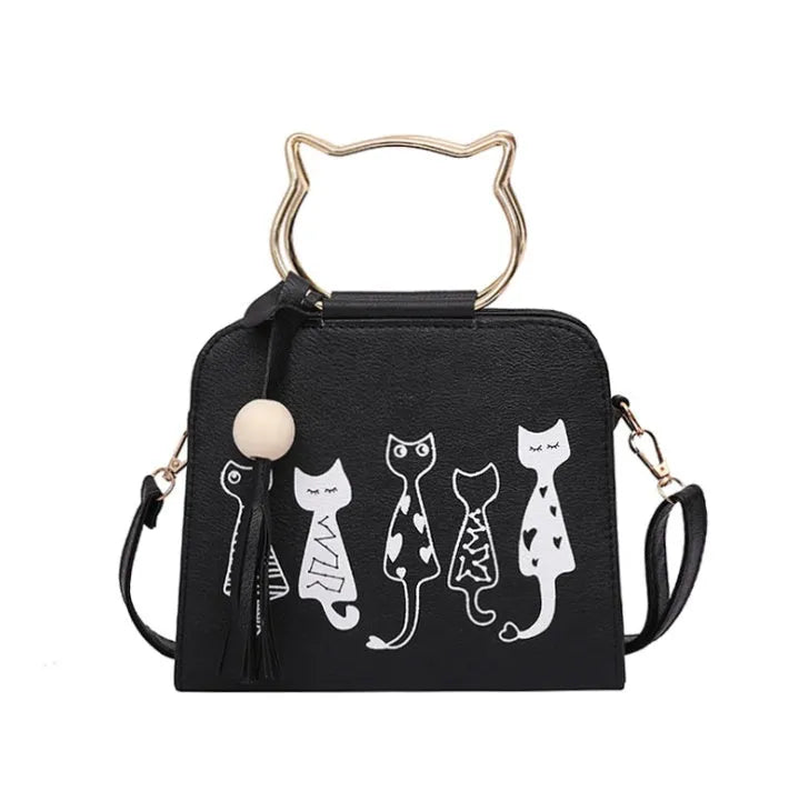 Women's small square cat cross-body handbag in PU fabric with zipper closure, Korean style, available in multiple colours