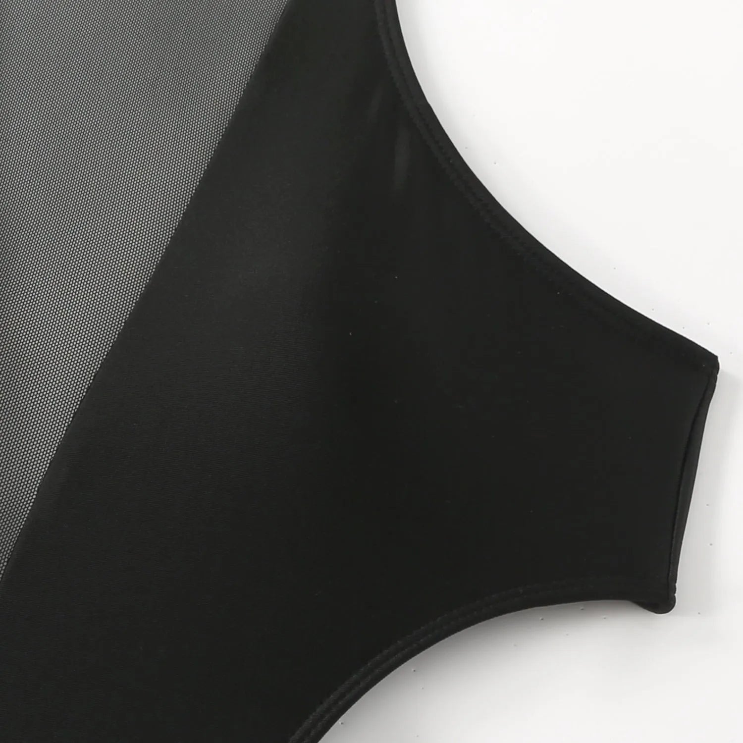 Women's black one-piece swimsuit with nude back hollow-out strap, polyester fabric, front view.