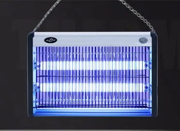 Indoor electric mosquito killing lamp with a protective grid, available in multiple wattages for home and restaurant use.