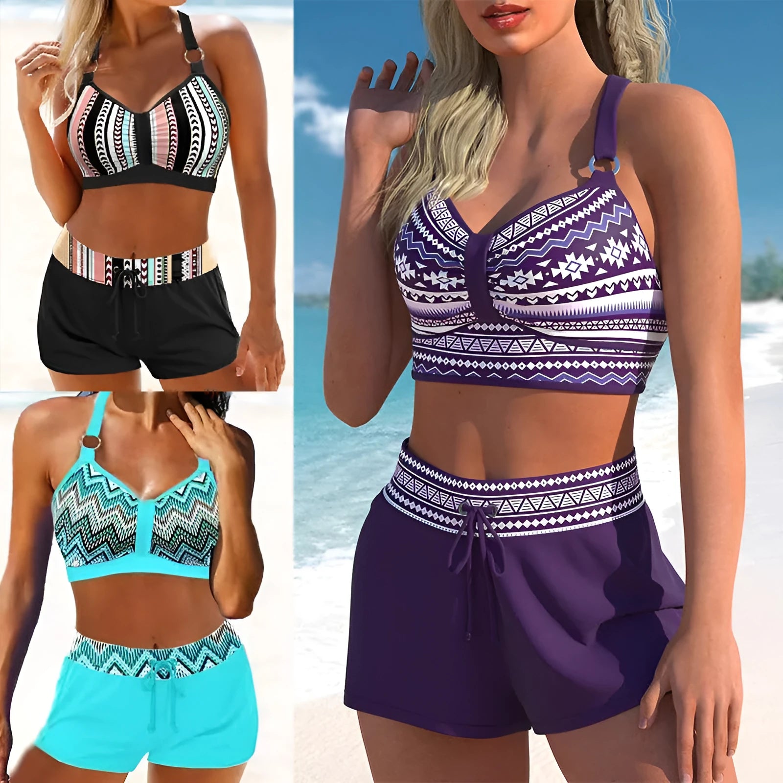 Women's two-piece hot spring swimsuit bikini in polyester, sizes S-XL, available in navy blue and print colours