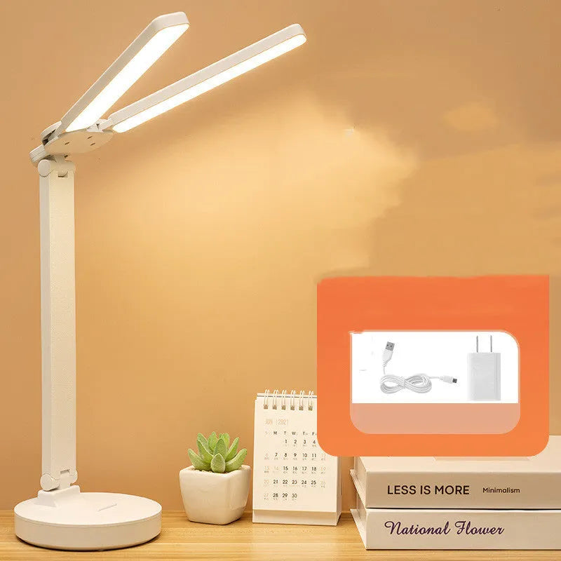 Eye protection LED rechargeable student desk lamp with double-head folding design and touch switch