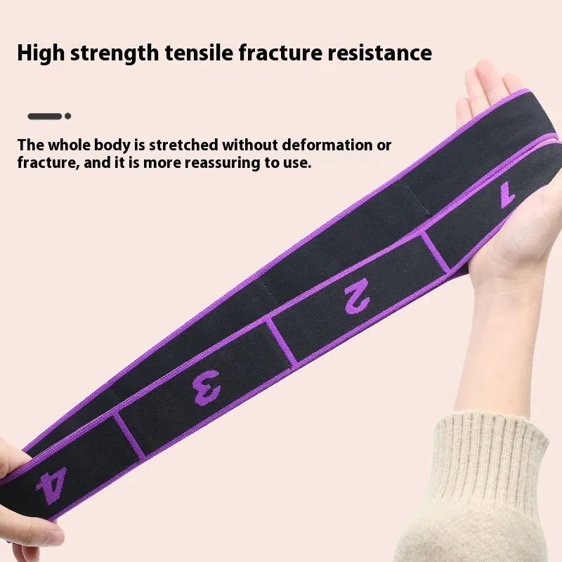 Yoga multi section stretch strap in blue, made from polyester cotton and latex yarn, on a flat surface