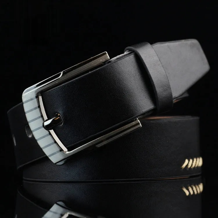 Men's retro pattern belt with alloy pin buckle in black, white, and brown colours