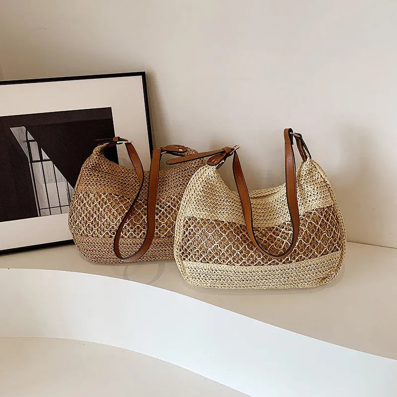 Women's casual straw cross body bag in khaki colour with a cross body strap and outer pocket.