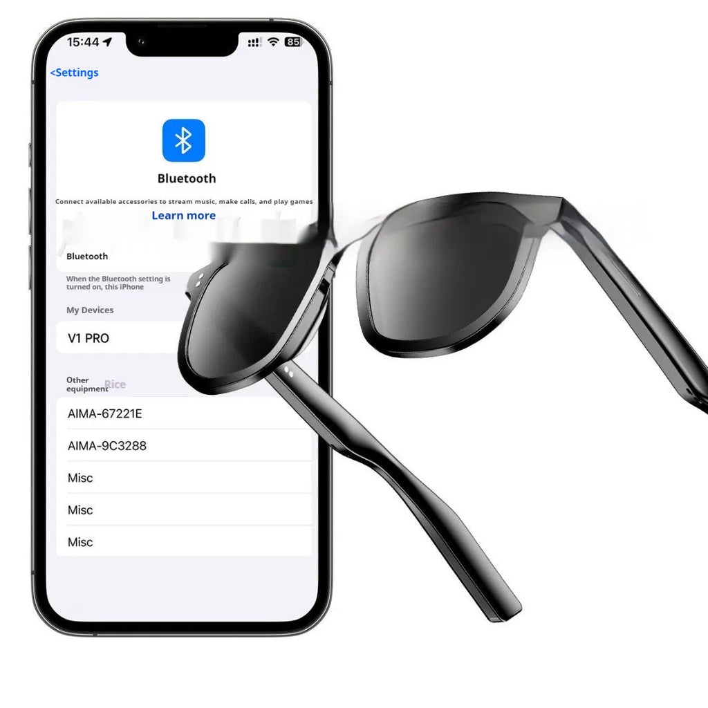 Black Bluetooth smart glasses with UV protection lenses and touch control for audio functions