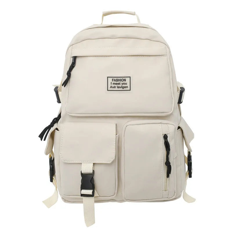 Soft nylon student backpack with computer compartment and three-dimensional pockets in black colour