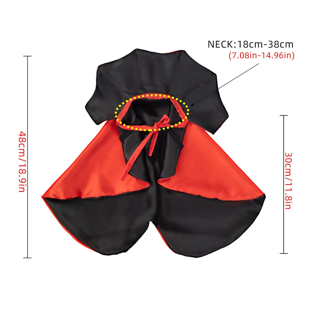 Red polyester Halloween atmosphere cloak for pets, laid flat showing cape design