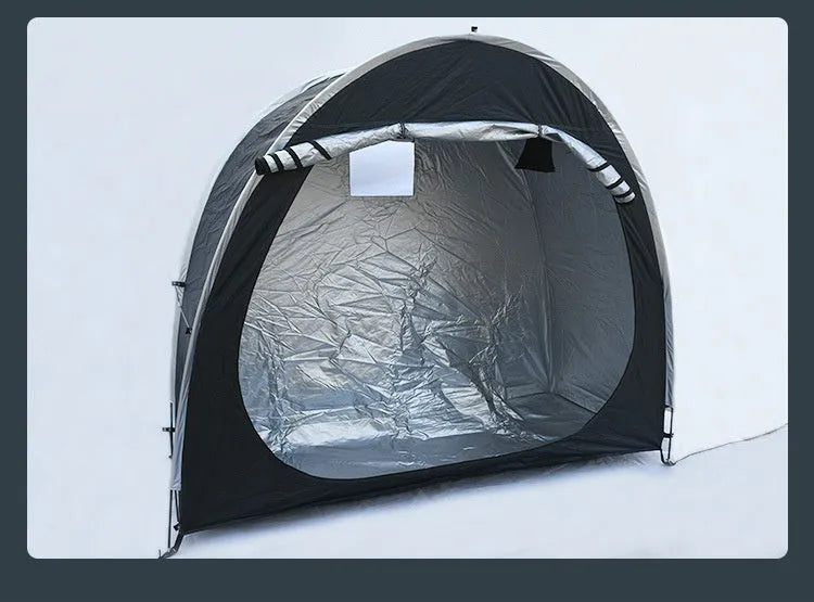 Black outdoor bicycle storage tent for 2-3 bikes with ground nails and brackets, size 185x65x165cm