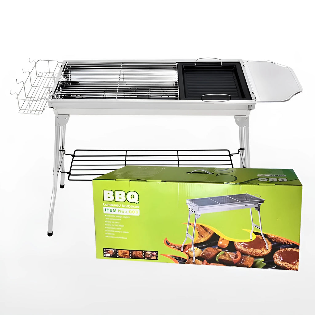 Stainless steel portable barbecue oven with flip design and included grills for outdoor cooking