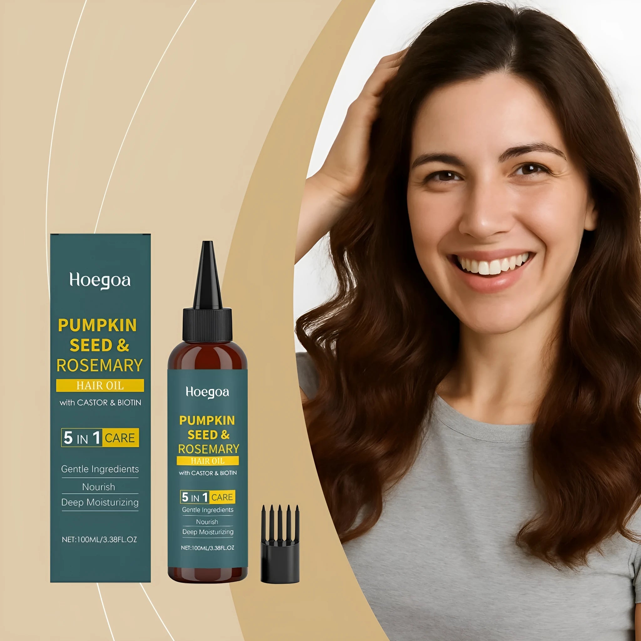 Rosemary hair care essential oil 100 ml bottle with pointed applicator tip and hair comb