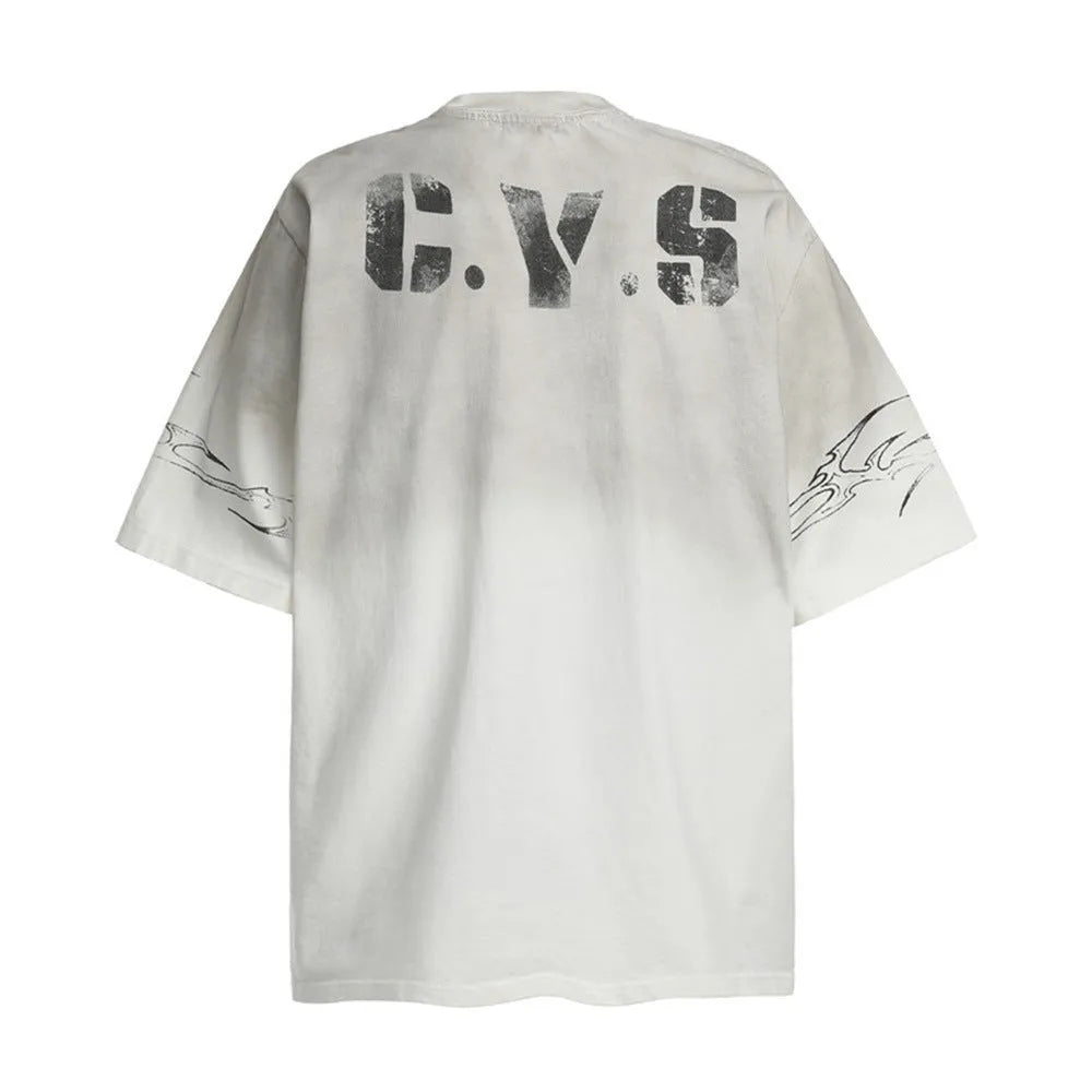 Men's black and white pure cotton short-sleeved printed t-shirt laid flat, showing sizes S M L XL.