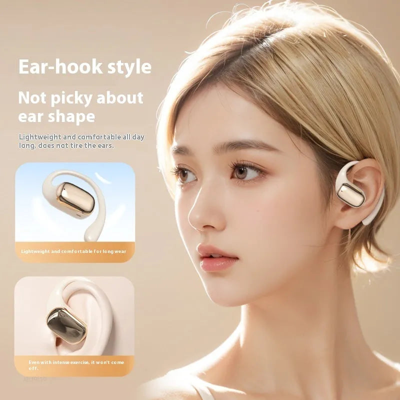 Ear-mounted headphones with digital display screen in black, white and skin colour options