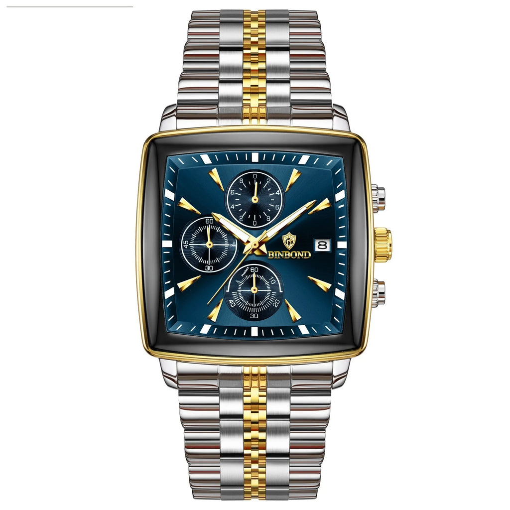 Men's stainless steel waterproof quartz watch with rectangular luminous dial and silver strap on white background