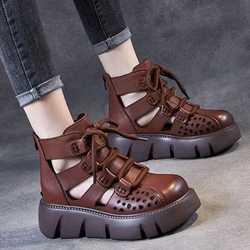 Women's platform sandals with hollow hole design, fish-mouth toe, PU sole, in black colour