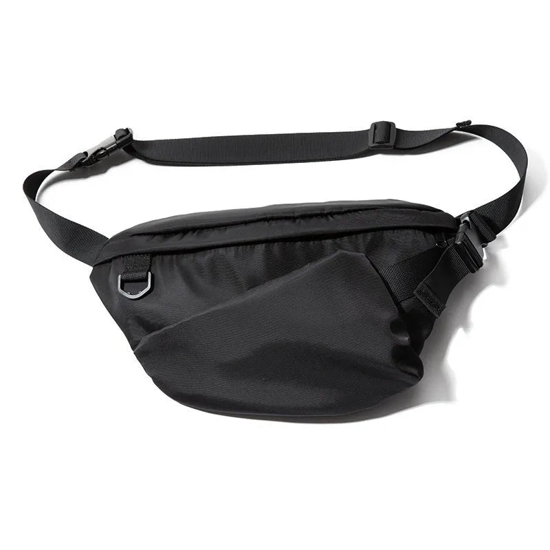 Men's Japanese leisure slanted chest bag in black Oxford fabric with sewing line details