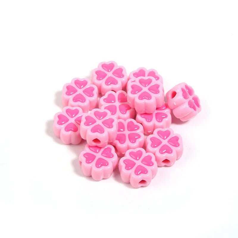 Acrylic four-leaf clover beads in mixed colours with frosted finish, 15mm diameter for jewellery making