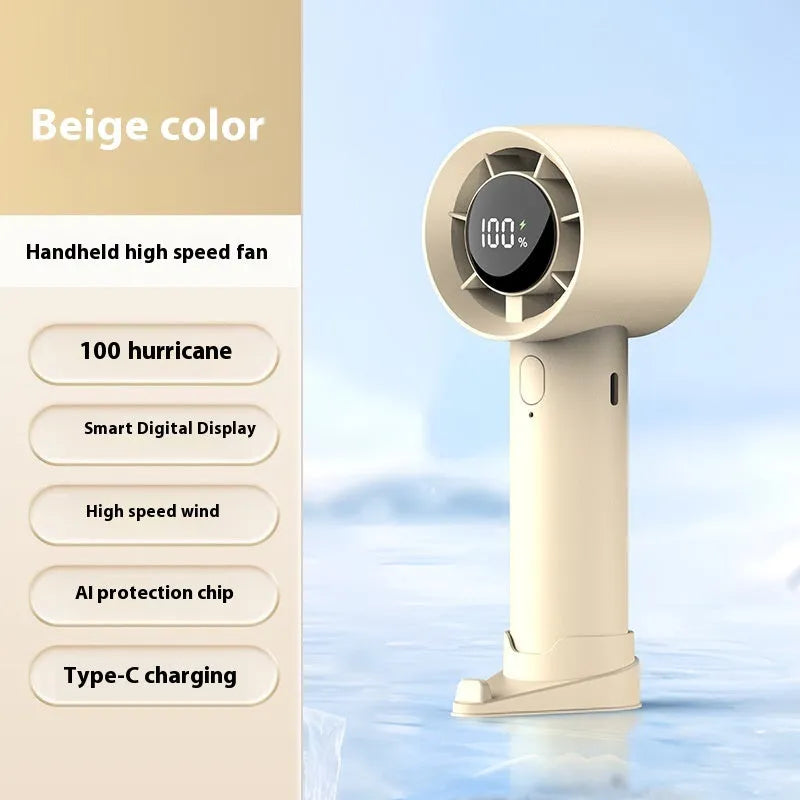 Handheld digital display fan in khaki with six-speed control and USB charging port