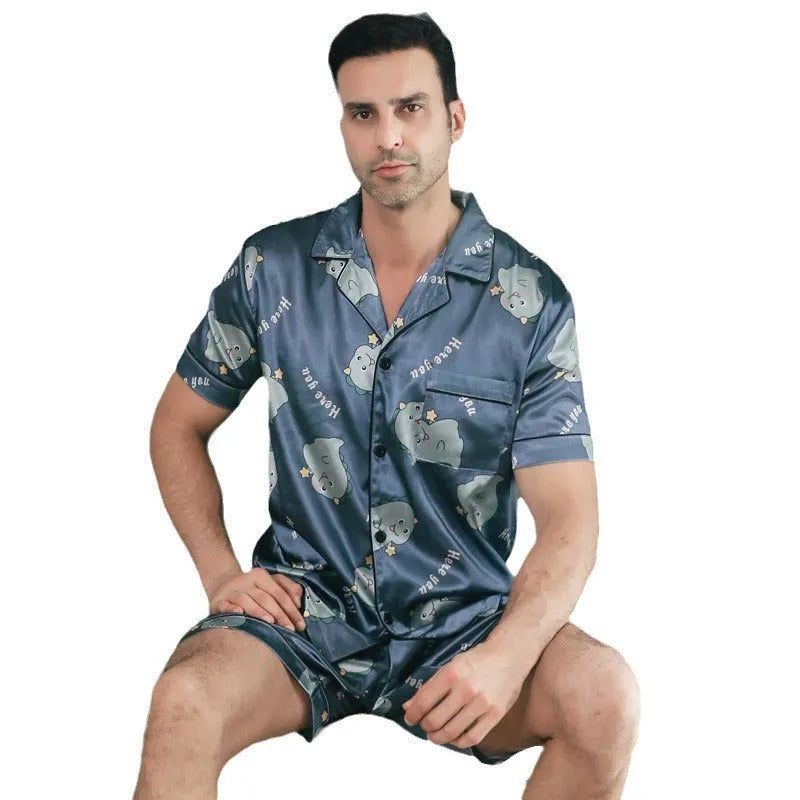 Ice silk short sleeve pajama set for men in cardigan style, beige, on a plain background