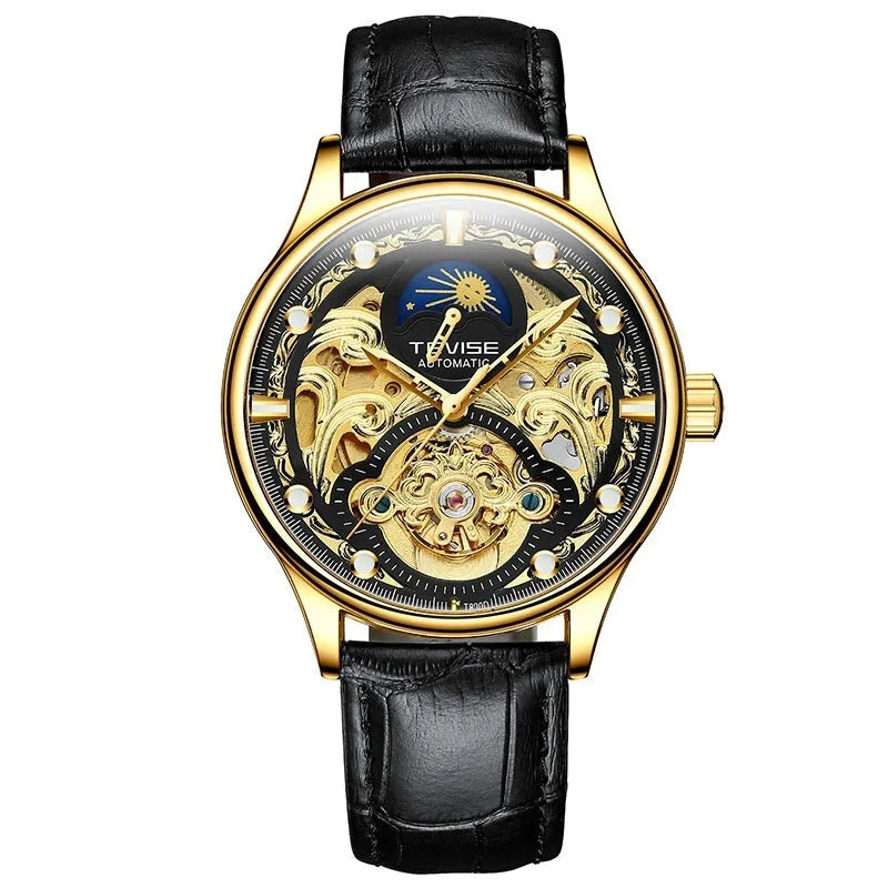 Men's gold and white leather strap automatic mechanical waterproof business watch 16mm thickness
