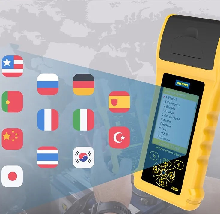 Autool BT760 vehicle battery tester with colour screen and connection clips on workshop bench