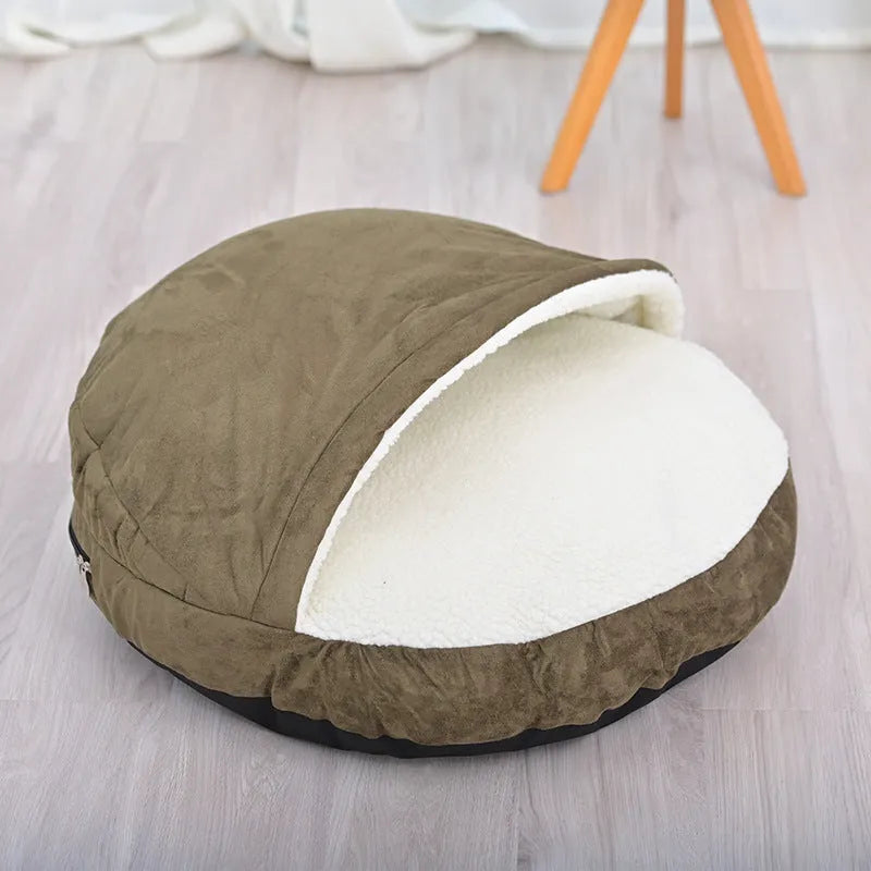 Brown cloth dog kennel with removable washable cover shown in S size option