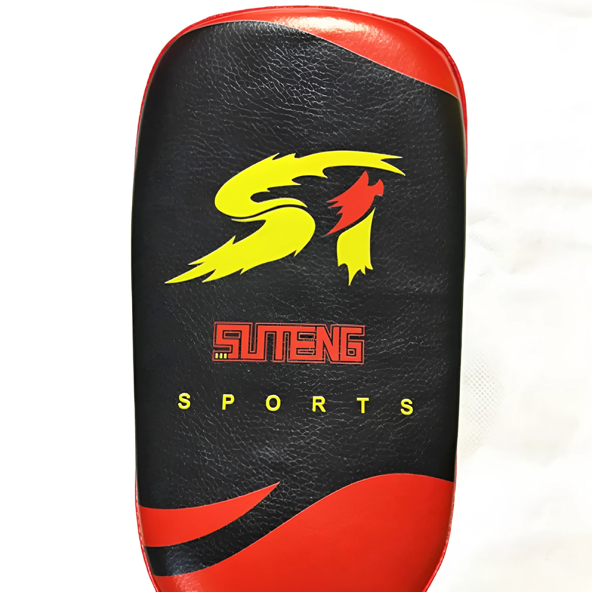 Black and red square hand-held martial arts foot target pad with buckle straps.