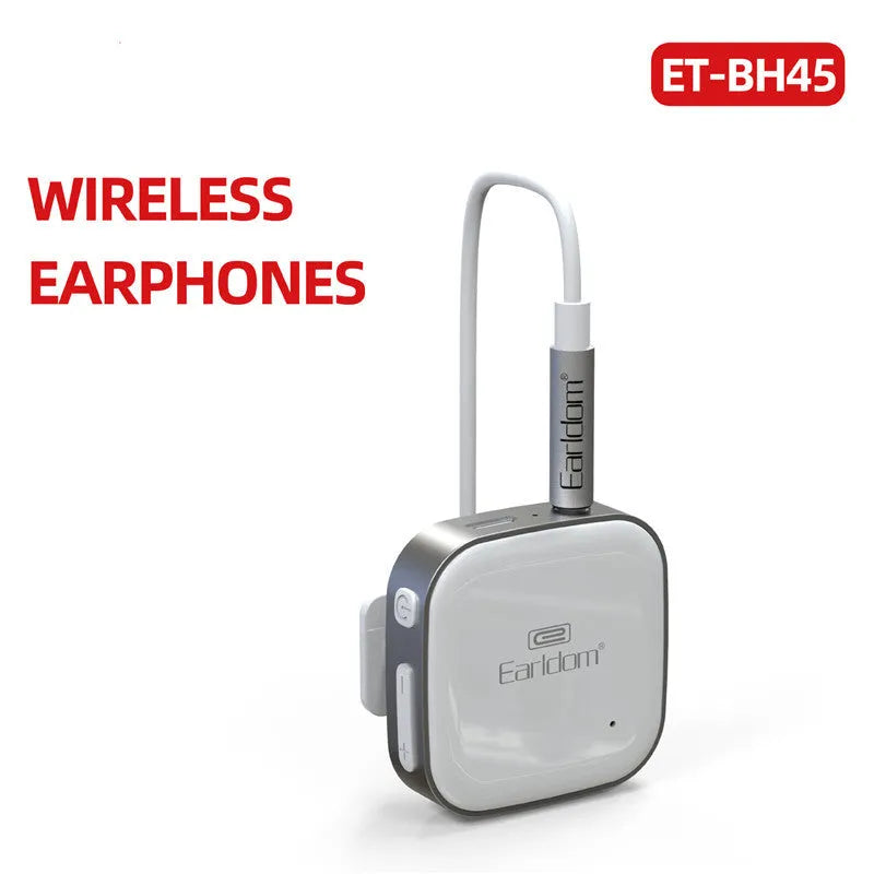 A black Bluetooth lavalier headset worn around the neck with a single earpiece, showing wireless design.