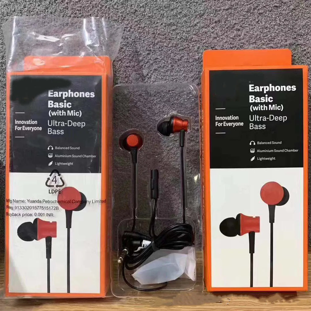 Piston style in-ear wired headphones with 3.5mm jack in black, blue and red colour options.