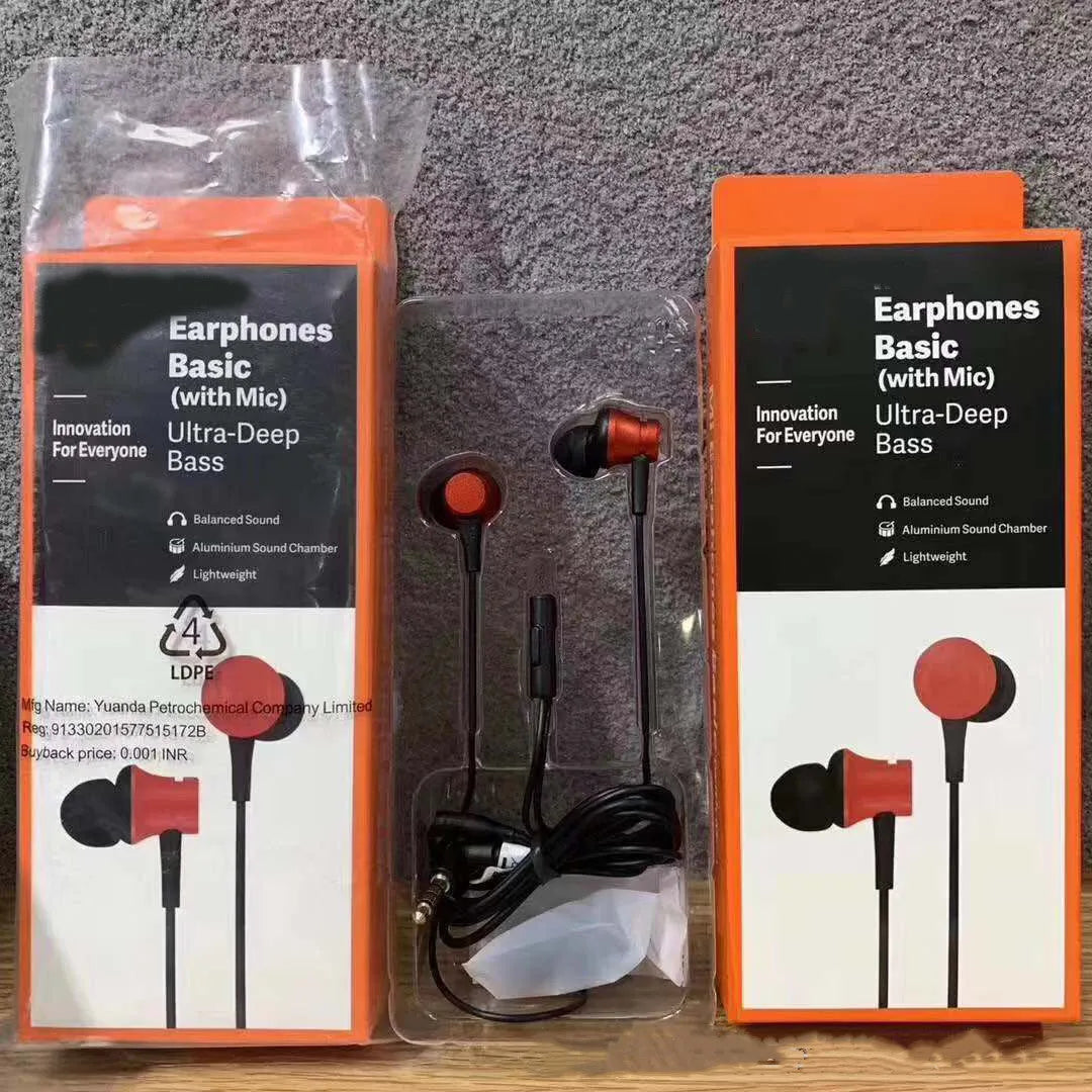Piston style in-ear wired headphones with 3.5mm jack in black, blue and red colour options.