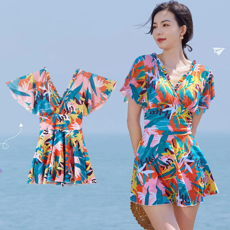 Women's colourful printed one-piece polyester swimsuit with full belly coverage, Asian sizing M-3XL