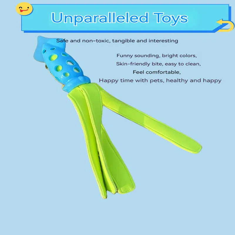 Blue squeaky cuttlefish dog toy for teeth cleaning and fetch, 39 cm, rubber and waterproof cloth