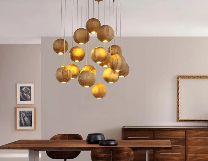 Nordic solid wood ball pendant chandelier with adjustable cord, shown in single and three-head style options.