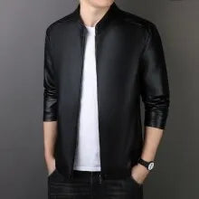 Men's PU leather jacket loose fit medium length 65cm in black, brown, and purplish red