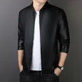 Men's PU leather jacket loose fit medium length 65cm in black, brown, and purplish red