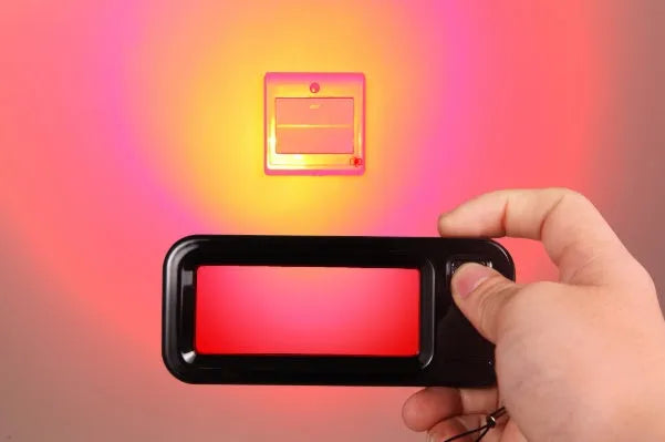 Red reverse camera detector with scanner window for finding hidden lenses