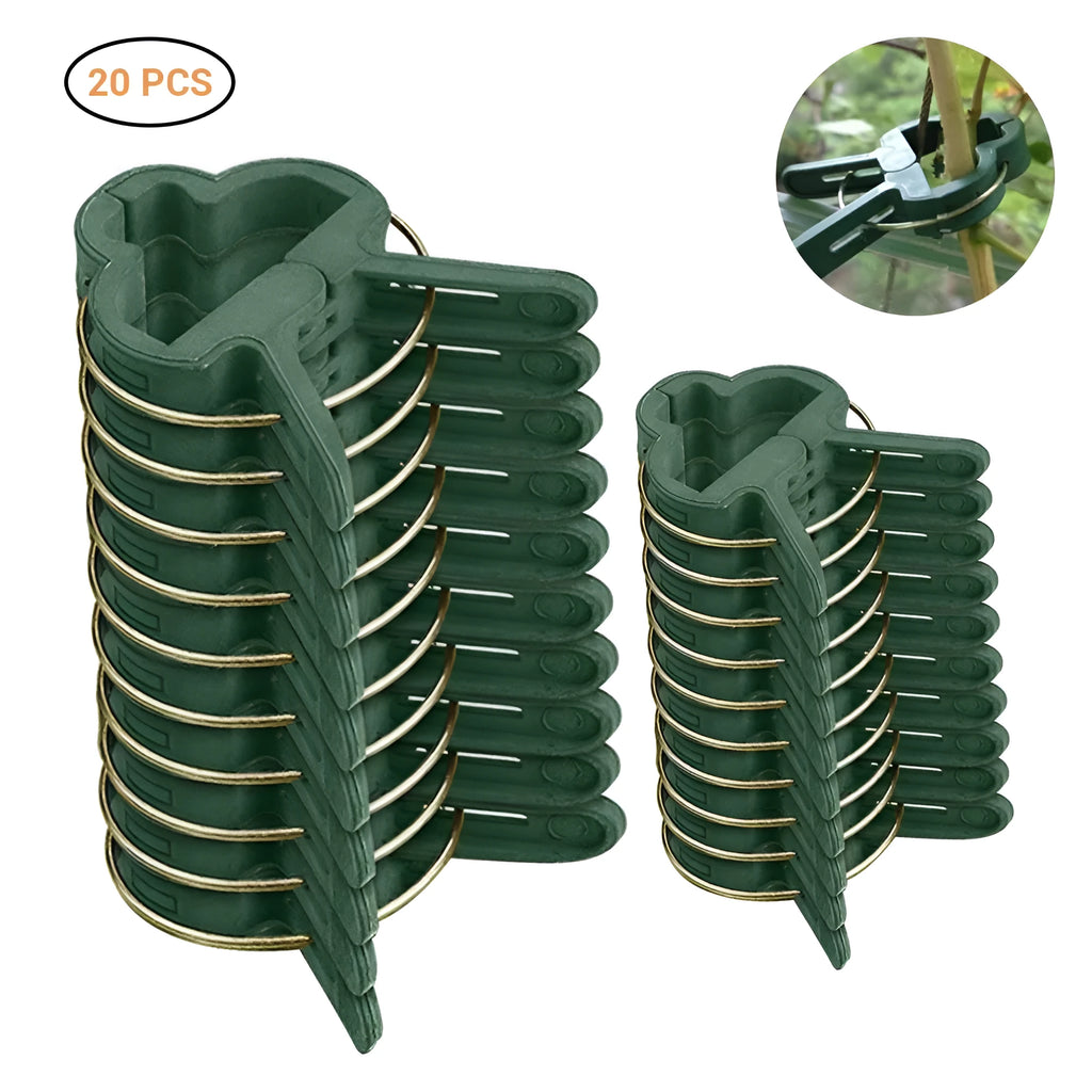 Green plastic plant fixing clips for climbing plants including tomatoes and beans